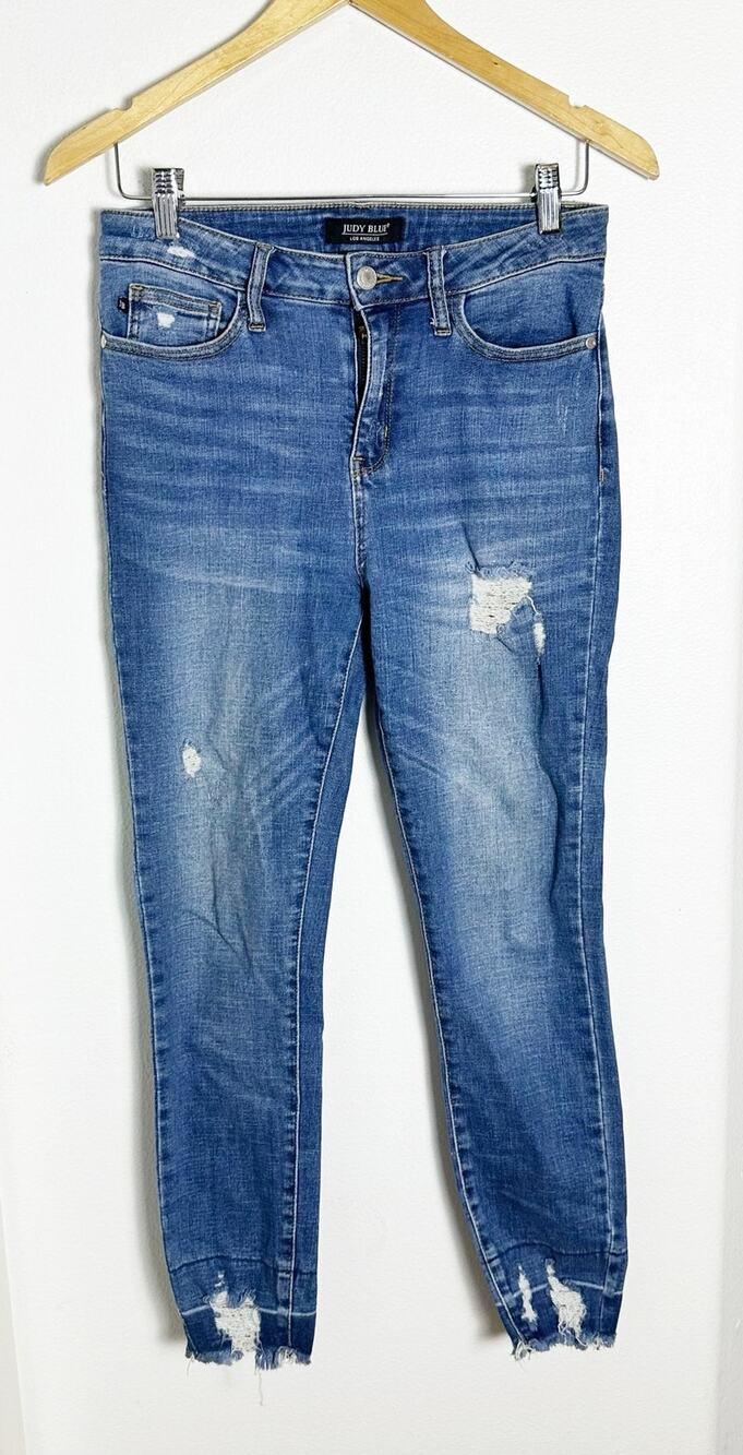 Judy Blue High Waist Distressed Frayed Hem Skinny Ankle Jeans Medium Wash 7 / 28